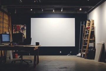 Poster - A minimalist office space featuring a blank wall, desk, and ladder shelf.