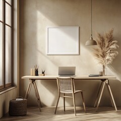 Aufkleber - A minimalist workspace featuring a desk, chair, laptop, and decorative plants.