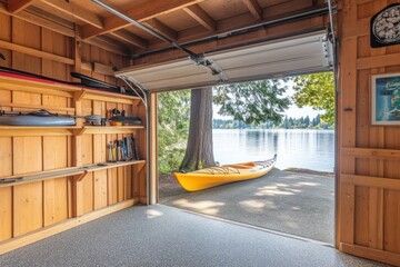 Fototapete - A serene garage with a kayak, overlooking a calm lake surrounded by trees.