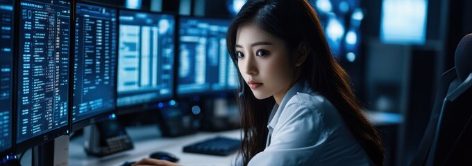 Poster - A focused individual working on multiple computer screens in a tech environment.