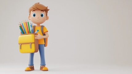 Poster - A cheerful cartoon boy holding a backpack filled with colorful pencils, ready for school.