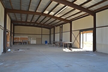 Poster - Spacious industrial interior with steel beams and minimal furnishings.