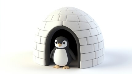 Poster - A cute cartoon penguin standing in front of a white igloo.