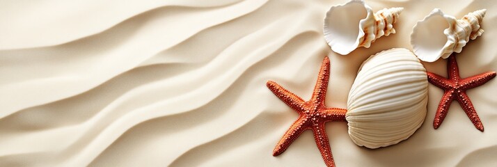 Poster - A serene beach scene featuring seashells and starfish on soft sand.