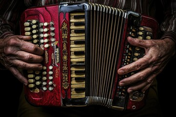 Aufkleber - Close-up of hands playing a red accordion, showcasing musical artistry and tradition.