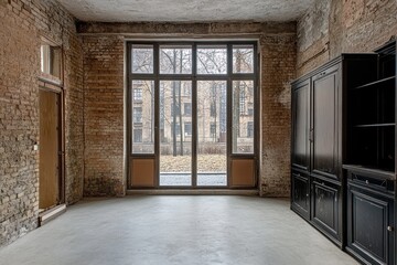Poster - A spacious, minimalistic room with large windows and exposed brick walls.