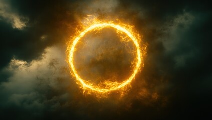 Poster - A fiery circular phenomenon surrounded by dark clouds, evoking a dramatic atmosphere.