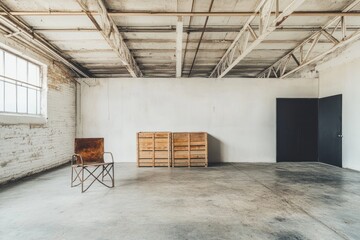 Aufkleber - A minimalist interior featuring a chair and wooden crates in an empty space.