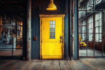 Poster - A vibrant yellow door in an industrial setting, illuminated by a hanging light.