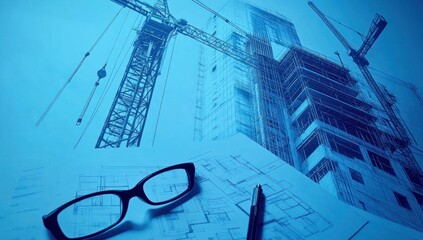 Poster - Construction site with blueprints and glasses, emphasizing architectural planning.