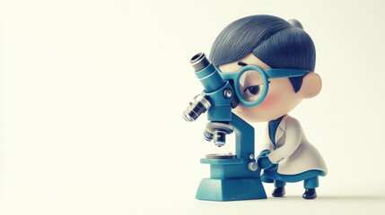 Poster - A cartoon character in a lab coat examines a slide under a microscope.