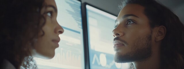 Poster - Two individuals engaged in a focused discussion, possibly about technology or data analysis.
