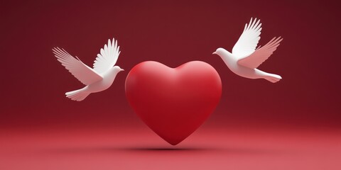 Poster - Two doves flying around a large red heart on a gradient background.