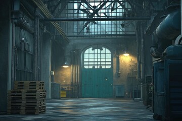 Aufkleber - A dimly lit industrial space with large windows and stacked pallets.