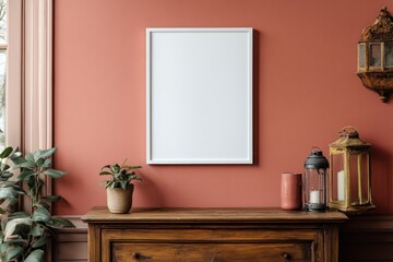 Poster - A minimalist interior featuring a blank frame on a coral wall and decorative items.