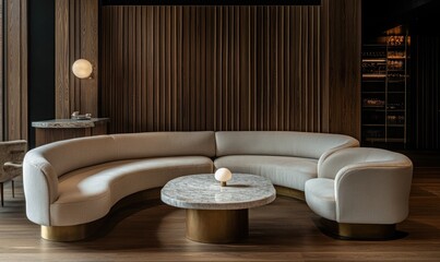 Aufkleber - A modern lounge area featuring a curved sofa and marble coffee table in a stylish setting.