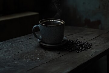 Poster - A steaming cup of coffee on a rustic table with scattered coffee beans.