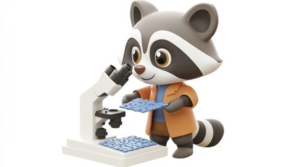 Poster - A cute raccoon character examines slides with a microscope, promoting science and curiosity.