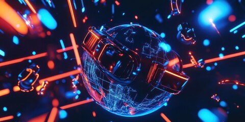 Poster - A futuristic globe wearing VR goggles, surrounded by vibrant neon lights and abstract shapes.