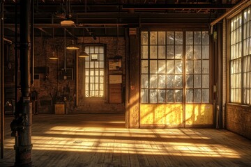 Poster - An industrial space with large windows casting warm light on wooden floors.