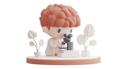 Poster - A stylized character examining samples with a microscope in a minimalistic setting.