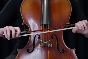 Poster - Close-up of a musician's hands playing a cello with a bow.