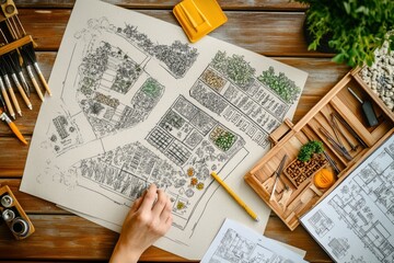 Poster - A hand sketching a detailed garden plan with tools and materials on a wooden table.