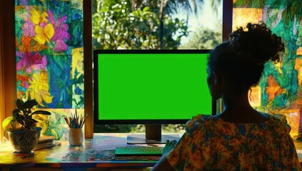 Poster - A person sits at a computer with a green screen, surrounded by colorful art and plants.