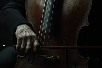 Poster - A close-up of a hand playing a cello, highlighting music creation and artistry.