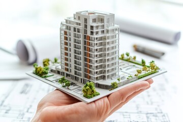 Poster - A hand holds a miniature architectural model of a modern building with surrounding greenery.
