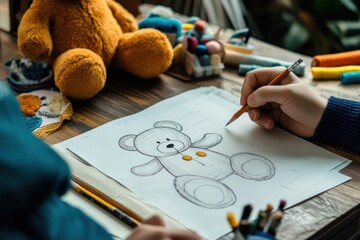 Poster - A person sketches a teddy bear surrounded by art supplies and a plush bear.