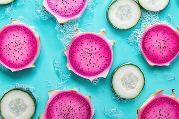 Poster - Colorful dragon fruit and cucumber slices on a vibrant blue background.