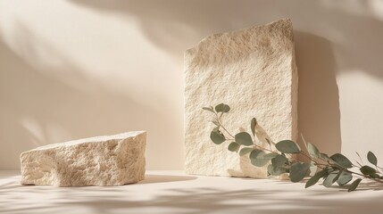 Poster - Two textured stone pieces with a sprig of greenery against a soft background.