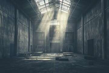 Poster - An empty, dimly lit industrial space with beams of light filtering through a skylight.