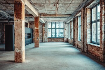 Poster - Spacious industrial interior with exposed brick and concrete, featuring large windows.