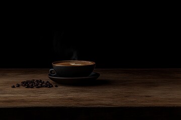 Poster - A steaming cup of coffee on a wooden table with coffee beans nearby.