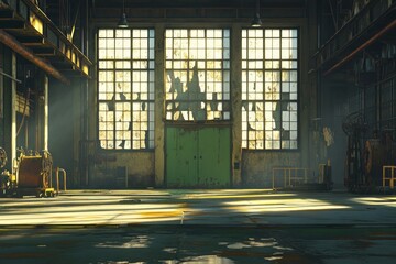 Poster - A sunlit industrial space with large windows and machinery, evoking a sense of nostalgia.