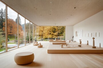 Leinwandbilder - A minimalist interior space with natural light and wooden sculptures, enhancing tranquility.
