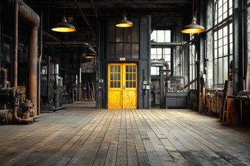 Poster - A spacious industrial interior with yellow doors and large windows.