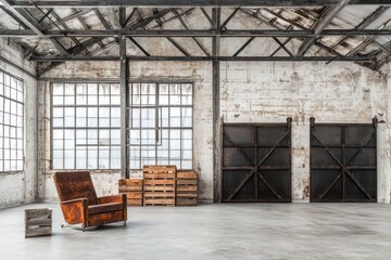 Aufkleber - An industrial space featuring a vintage armchair and wooden crates against a weathered backdrop.