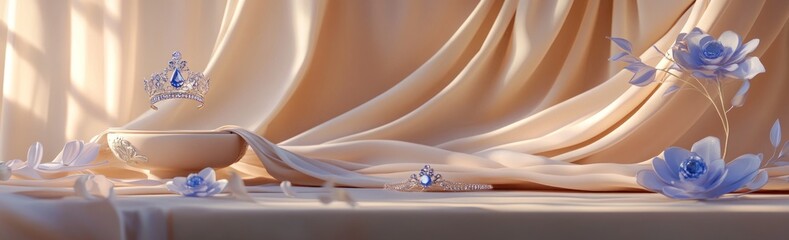 Poster - A serene display of a tiara and jewelry on soft fabric, evoking elegance and beauty.