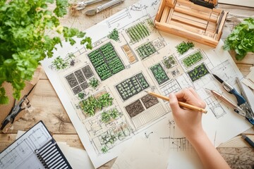 Aufkleber - A hand sketches a garden layout with plants and tools on a wooden table.