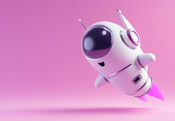 Poster - A playful cartoon rocket character with a smiling face, set against a pink background.