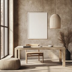Aufkleber - A minimalist workspace featuring a wooden desk, chair, and decorative elements in a serene setting.
