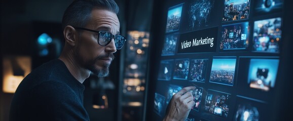 Poster - A man analyzing video marketing content on a digital display.