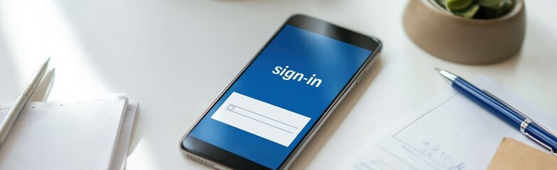 Poster - A smartphone displaying a sign-in screen on a desk with stationery and a plant.