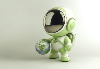 Poster - A cute green astronaut holding a globe, symbolizing environmental awareness and exploration.