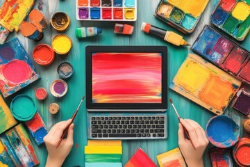 Poster - A creative workspace with art supplies and a digital device displaying a colorful canvas.
