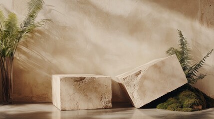 Poster - A serene interior scene featuring stone blocks and lush greenery against a textured wall.