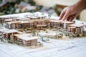 Poster - A hand adjusts a detailed architectural model of a modern building complex.